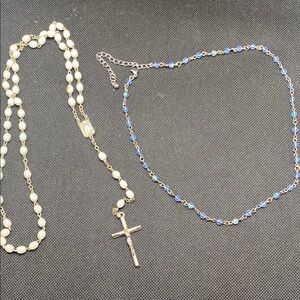 Elegant white rosary and Blue Necklace Set